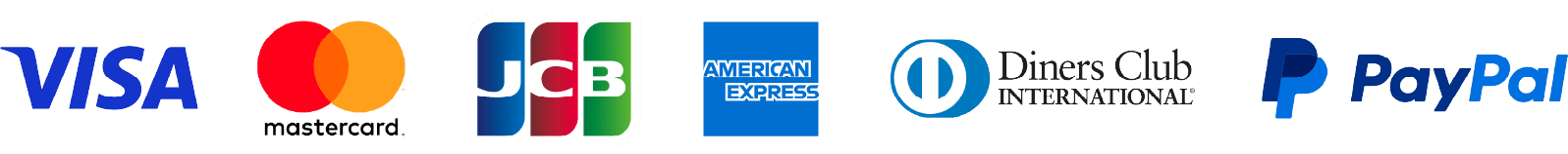 対応カードはこちらです。VISA、MasterCard、JCB、American Express、Diners Club、PayPal